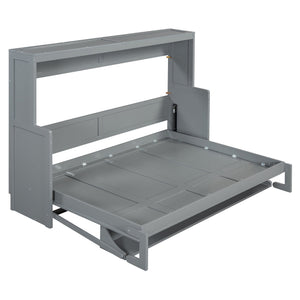 English Elm Full Size Murphy Bed With Hydraulic Lift & Integrated Desk For Space-Saving, Gray Pinewood Design N820S00032E