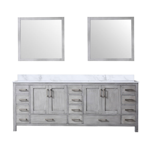 English Elm Distressed Grey Double Bath Vanity With Carrara Marble Top, Mirrors & Ample Storage - 84 In. W B2731S00850