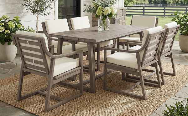 English Elm Outdoor Acacia Wood Dining Set Seats Six with Cushioned Armrest Chairs for Patio Beige+Brown N719Z000231D