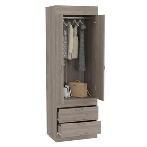 English Elm Armoire, Light Gray Double-Door Cabinet with Hanging Rod, Two Drawers, Compact FSC-Certified Storage B097P199731