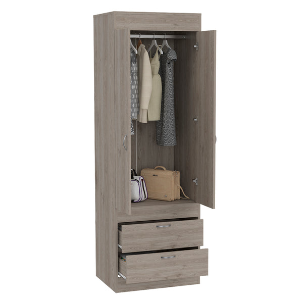 English Elm Armoire, Light Gray Double-Door Cabinet with Hanging Rod, Two Drawers, Compact FSC-Certified Storage B097P199731