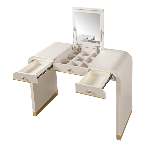 English Elm Classic Flip Top Vanity Desk with Gold Accents 2 Drawer Retro Bedroom Dressing Table Champagne N704P381406C