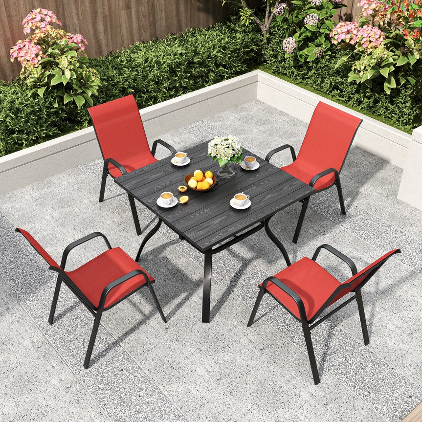 English Elm 5-piece Outdoor Dining Set Wood Grain Table Stackable Chairs Uv Resistant Patio Black+Red W3979S00034