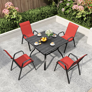 English Elm 5-piece Outdoor Dining Set Wood Grain Table Stackable Chairs Uv Resistant Patio Black+Red W3979S00034
