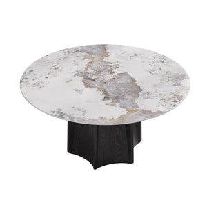 English Elm 59.05" Round Marble Dining Table For 6-8 People - Modern Artificial Stone With Black Oak Base W1535S00459