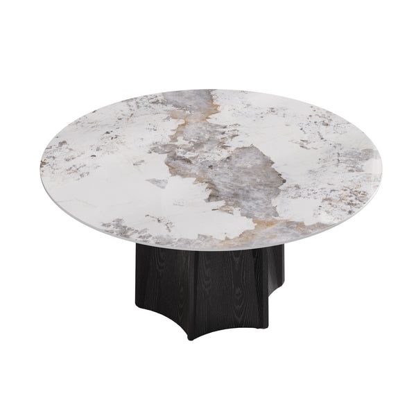 English Elm 59.05" Round Marble Dining Table For 6-8 People - Modern Artificial Stone With Black Oak Base W1535S00459