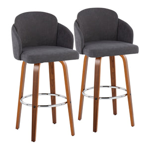 English Elm Fixed-height Mid-century Barstools with Walnut Legs and Grey Upholstered Seats Set B202S01900