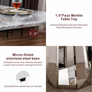 English Elm Marble Dining Table For 6-8, Modern Rectangular Faux Marble Top With Stainless Steel Base, Silver Grey W3456S00039