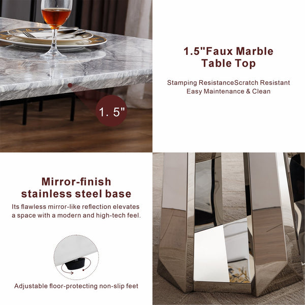 English Elm Marble Dining Table For 6-8, Modern Rectangular Faux Marble Top With Stainless Steel Base, Silver Grey W3456S00039
