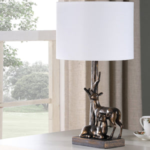 English Elm 19.75" Capreolus Bronze Polyresin Table Lamp with Duo Roe Deer, White Cotton Drum Shade, 19.5" tall B072P222438