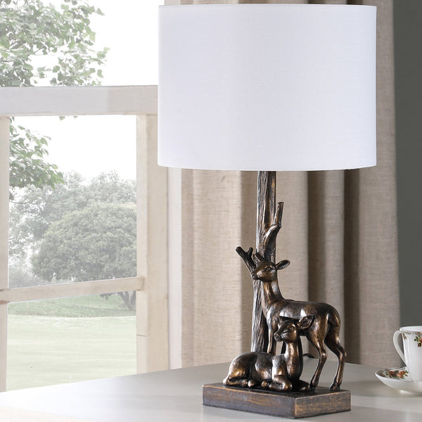 English Elm 19.75" Capreolus Bronze Polyresin Table Lamp with Duo Roe Deer, White Cotton Drum Shade, 19.5" tall B072P222438