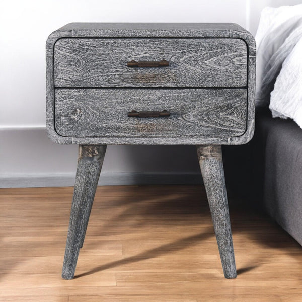 English Elm Sandblasted Ash Curved Bedside with Brass Handles & Nordic Legs, Solid Mango Wood, Handcrafted finish B182P284341