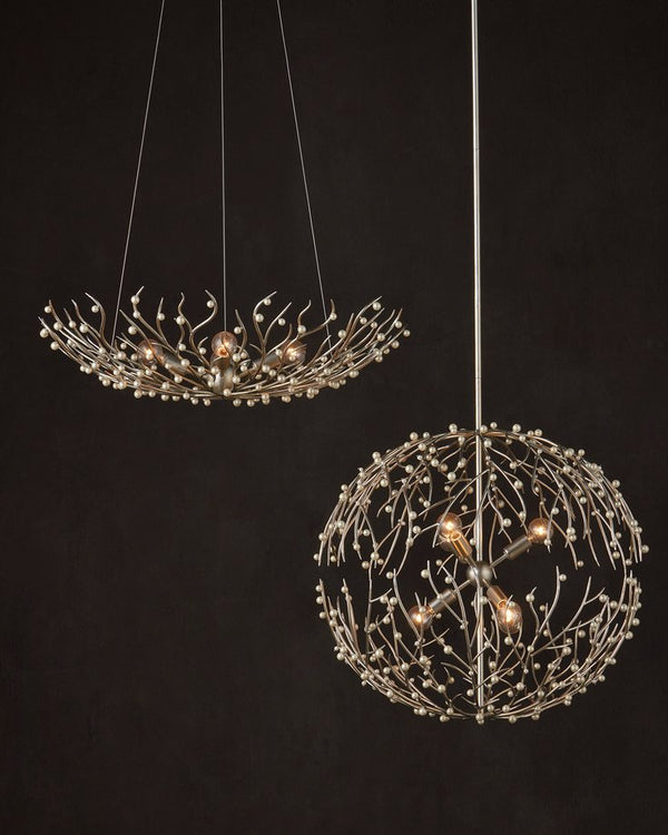 Currey & Company Shinju Pearl Orb Chandelier - Elegant Silver Leaf Design With Fresh-water Pearls & Adjustable Height Silver Pearl ,Wrought Iron 9000-1292-currey-company