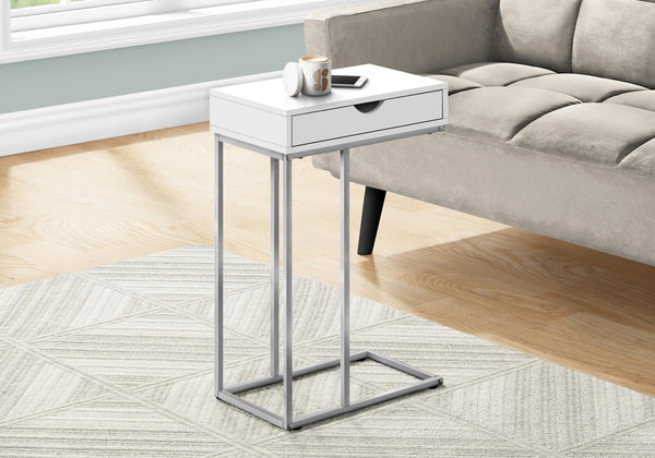 English Elm Accent C-shaped End Table with Sliding Base and Storage Drawer — Contemporary Metal Frame Design White 23 L x 17 W x 3 H B2710P219423