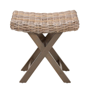 English Elm Bohemian Handwoven Kubu Rattan Footstool with Solid Mahogany Frame Artisan Accent B2750P420408