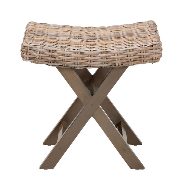 English Elm Bohemian Handwoven Kubu Rattan Footstool with Solid Mahogany Frame Artisan Accent B2750P420408