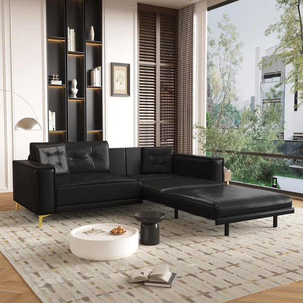 English Elm 92.1"king Faux Leather Convertible Sleeper Sofa Tufted 4 Seat Pull Out Living Room Couch Black W1885S00407