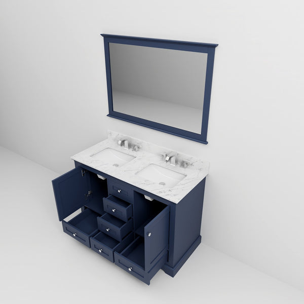 English Elm Navy Double Bath Vanity 48" W x 22" D with Carrara Marble Top, Chrome Faucet, 46" Mirror, Durable Surface B2731S00977