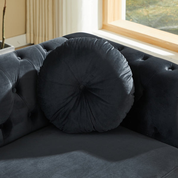 English Elm Velvet Chesterfield Tufted Sofa with Copper Stud Trim and Gold Legs for Glam Living Black W834S00628