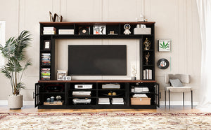 English Elm 95.5" Modern Farmhouse Wall Unit Mdf Bookshelf with Tempered Glass Cabinet Doors Black SJ000161AAB