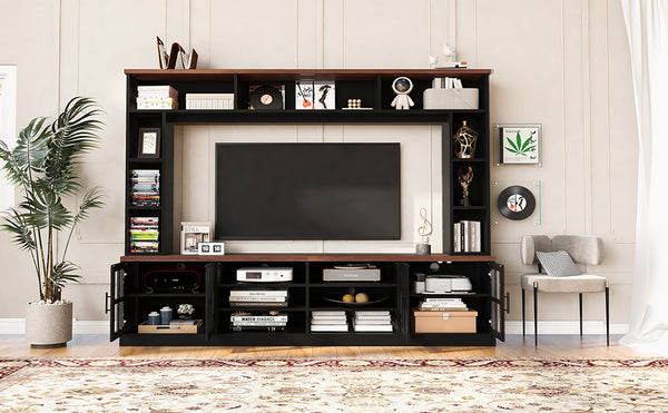 English Elm 95.5" Modern Farmhouse Wall Unit Mdf Bookshelf with Tempered Glass Cabinet Doors Black SJ000161AAB