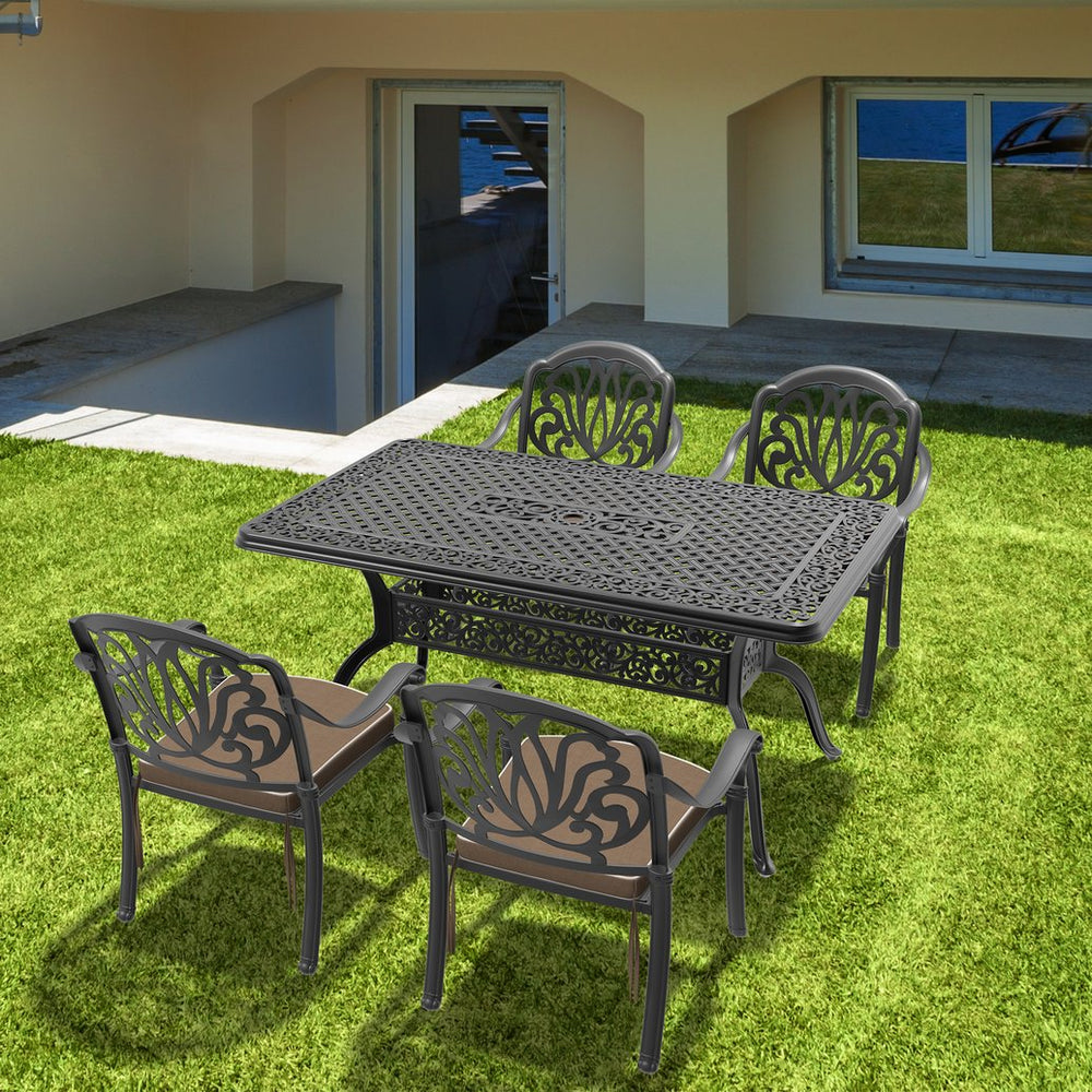 English Elm 5-Piece Cast Aluminum Patio Furniture Set With Brown Cushions, Umbrella Hole, Stacking Chairs W1710S00145