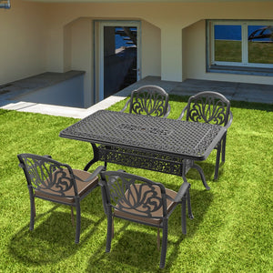 English Elm 5-Piece Cast Aluminum Patio Furniture Set With Brown Cushions, Umbrella Hole, Stacking Chairs W1710S00145