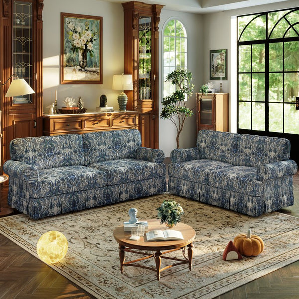 English Elm Luxuriously Deep Chenille Sofa with Pleated Skirt and Rolled Arms for Living Rooms Blue Floral W1885S00295