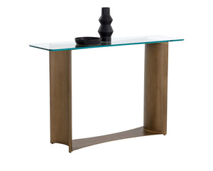 Sunpan Denver Console Table - Modern Glass Top with Antique Brass Base, Handcrafted Elegance for Home Decor