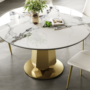 English Elm 53 Inch Round Smoked Glass Dining Table with Gold Steel Base Seats Eight W2700S00092