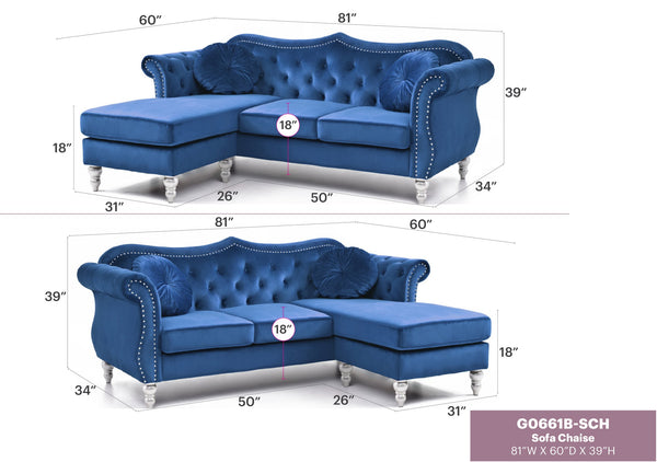 English Elm Glory Velvet Tufted Sofa Chaise with Nailhead Trim, Pocketed Coil Cushions & Hardwood Frame Navy Blue 19 L x 23 W x 34 H B078S00129