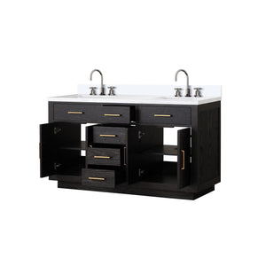 English Elm Black Oak Double Bath Vanity 60" W With White Quartz Top & Chrome Faucet Set For Modern Luxury B2731P260844