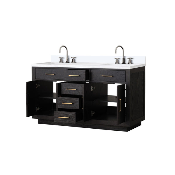 English Elm Black Oak Double Bath Vanity 60" W With White Quartz Top & Chrome Faucet Set For Modern Luxury B2731P260844