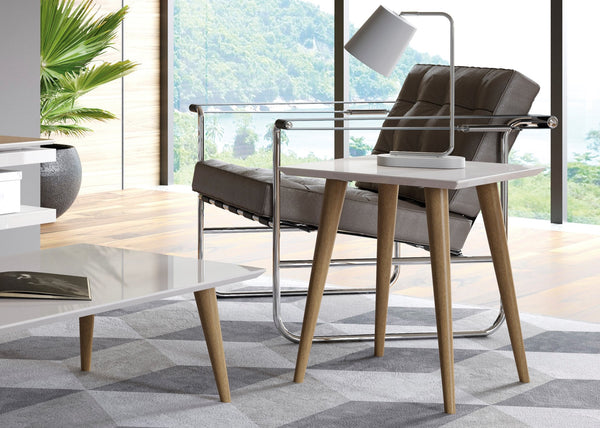 English Elm Utopia Lacquered 17" Square End Table with Solid Wood Splayed Legs, Sleek Durable Accent Piece Off White B365P398486