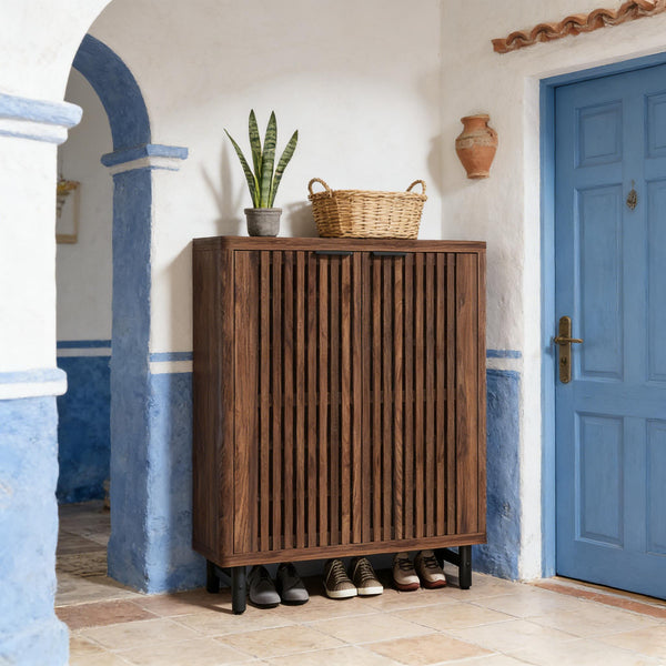 English Elm Wooden Louvered Shoe Cabinet Dark Walnut Finish Entryway Storage Six Shelf T3971P453463