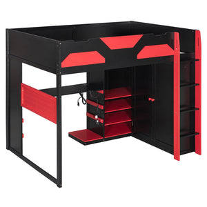English Elm Full Size Loft Bed with Rgb Lighting Usb Charging Desk Wardrobe and Storage Shelves Red LT000387AAJ