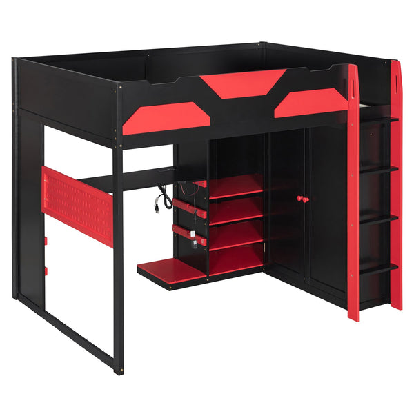 English Elm Full Size Loft Bed with Rgb Lighting Usb Charging Desk Wardrobe and Storage Shelves Red LT000387AAJ
