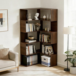 English Elm 6 Tier Corner Bookcase Tall L Shaped Walnut Mdf Open Shelving Unit for Home Office W3204P442028