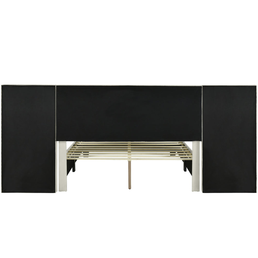 English Elm Queen Upholstered Platform Bed with Oversized Velvet Headboard, Built-In Shelves, Modern Comfort and Support for Relaxation Beige SF000138AAA