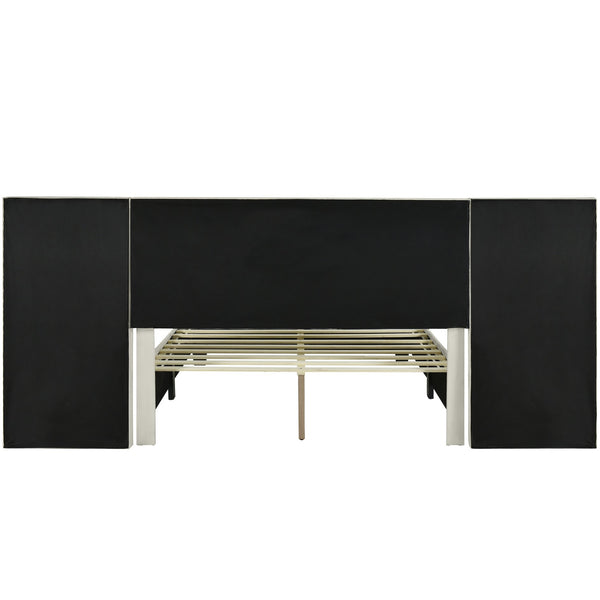 English Elm Queen Upholstered Platform Bed with Oversized Velvet Headboard, Built-In Shelves, Modern Comfort and Support for Relaxation Beige SF000138AAA