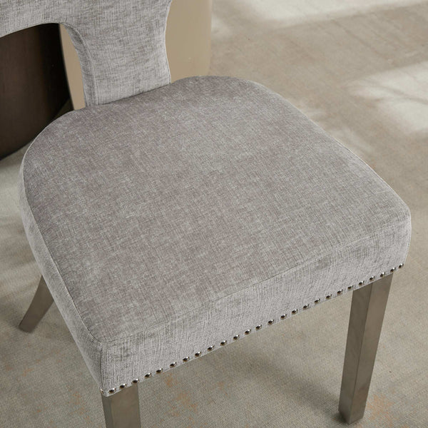 English Elm Mid Mid Century Modern Dining Chair Set with Curved Copper-Nail Backrest, High-Density Foam Seat, Brushed Stainless Legs Gray W1143P314900