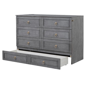 English Elm Queen Murphy Wall Bed with Rattan Panel Cabinet and Storage Drawers for Studio Rooms Gray LP000676AAE