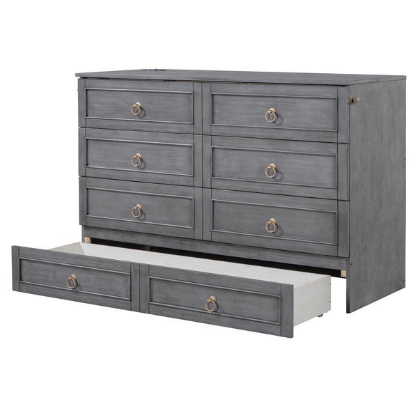 English Elm Queen Murphy Wall Bed with Rattan Panel Cabinet and Storage Drawers for Studio Rooms Gray LP000676AAE