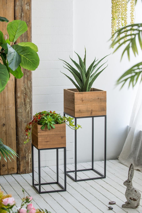 English Elm Set of 2 Reclaimed Wood Box Plant Stands with Iron Legs for Farmhouse Decor W2078P496651
