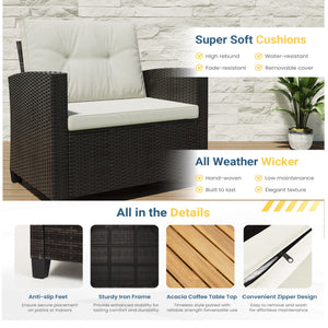 English Elm 4-piece Wicker Outdoor Conversation Set with Acacia Wood Table and Foam Cushions Beige+Brown B082S00061