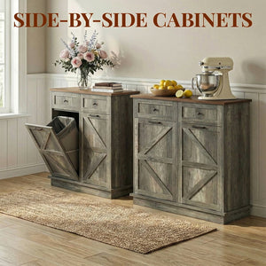 English Elm Double Tilt Out Trash Bin Cabinet with Drawers Odor Blocking Kitchen Laundry Storage Grey+Brown T5831P489239