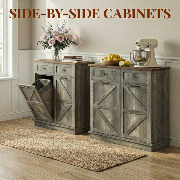 English Elm Double Tilt Out Trash Bin Cabinet with Drawers Odor Blocking Kitchen Laundry Storage Grey+Brown T5831P489239