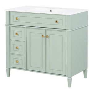 English Elm 36 Inch Freestanding Bathroom Vanity Sage Pine Cabinet Gold Hardware Ceramic Sink Green N725P366468G