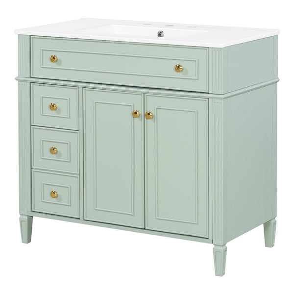 English Elm 36 Inch Freestanding Bathroom Vanity Sage Pine Cabinet Gold Hardware Ceramic Sink Green N725P366468G