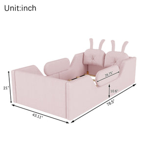 English Elm Twin Kids Platform Bed Teddy Fabric Upholstered with Bunny Cushions and Safety Rails Pink W2593P395807